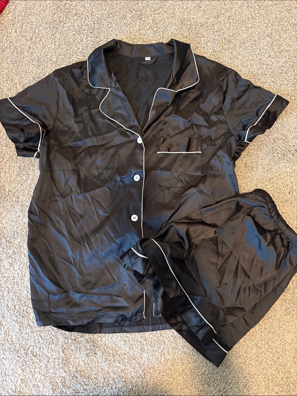 Black Satin Short Pajama Set with White Piping